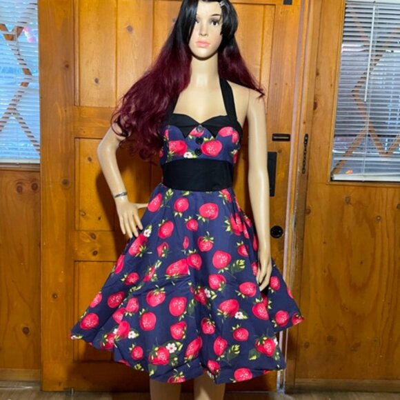 Women's Dress Retro Vintage Swing 1950's Halter strawberry print - Picture 1 of 4